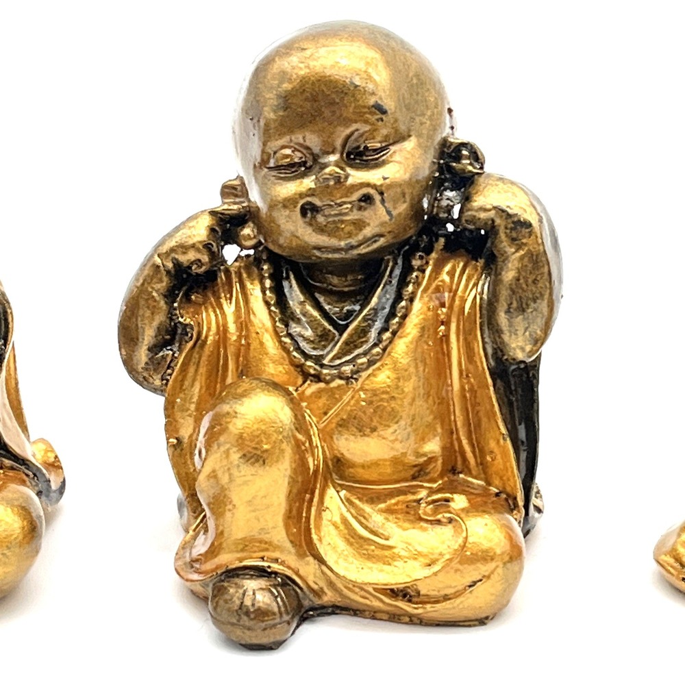 Set of 3 Baby Monk Figurines Hear See Speak No Evil Gold Resin Statues 3" - Picture 3 of 11
